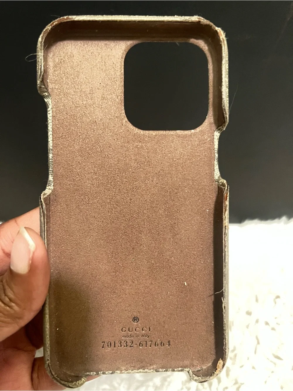 Gucci Beige Monogram Phone Case with Gold Double G Accent